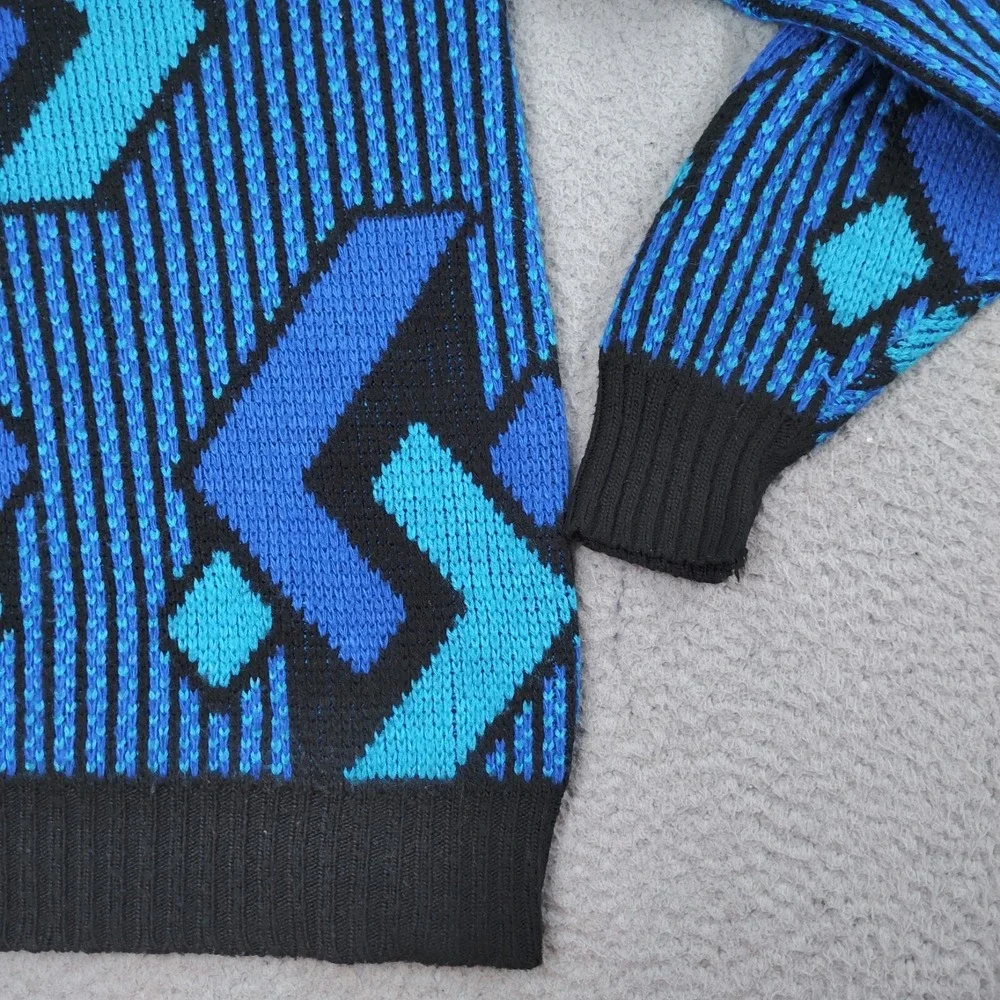 Prince Bernado Sweater Mens Blue Geometric Knitted Acrylic Long Sleeve Pullover